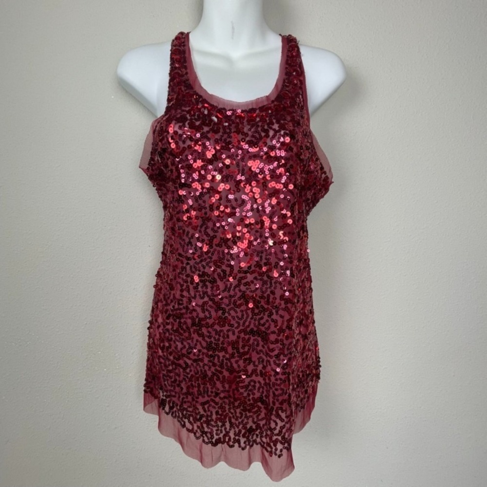 Wet Seal Y2K Blood Red Sequin Tunic Top Size XL Party Mesh Trim Festival Goth